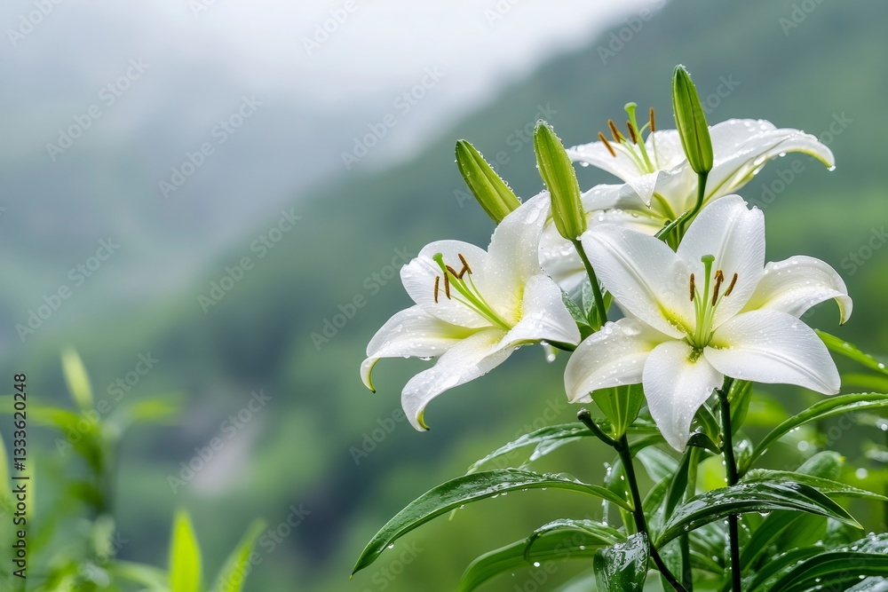Fototapeta premium White lilies blooming in a garden with dewdrops and a green mountain background