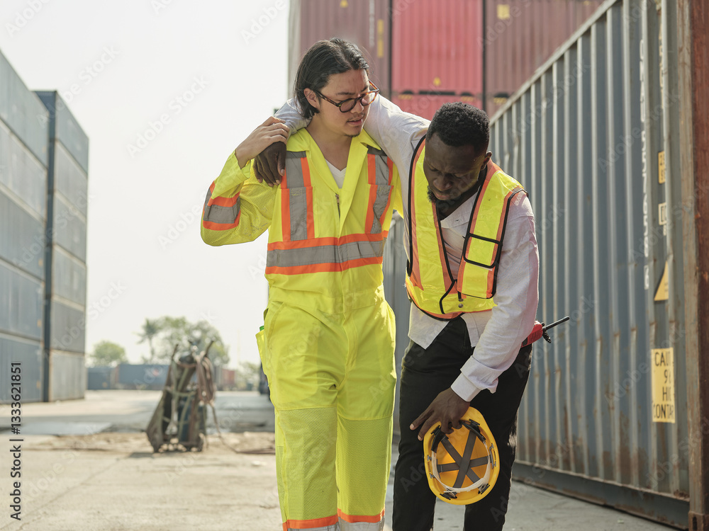African-American male engineer injured in accident while working on unloading containers. Safety team helps him out of accident. First aid and safety training concept.