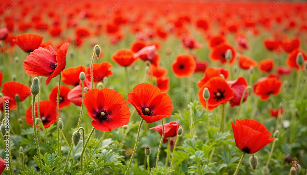 Fototapeta premium Vibrant red poppies blooming in vast field, nature’s beauty