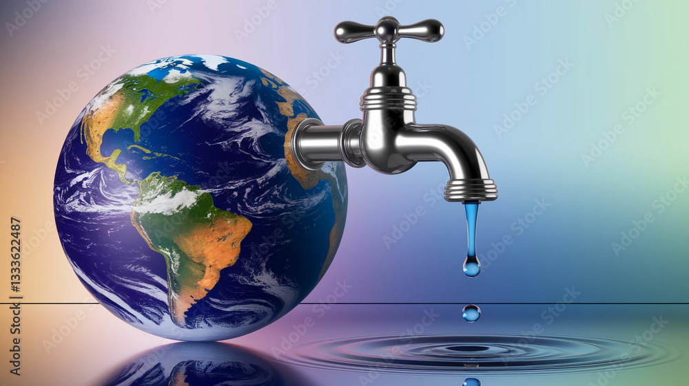 Conceptual Earth Shaped as a Water Faucet with a Droplet Conceptual Earth Shaped as a Water Faucet with a Droplet