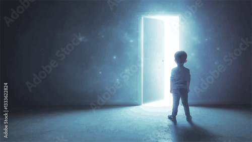 The image is a digital illustration depicting a young child standing in a dimly lit room facing an open doorway emitting a bright, almost ethereal light.  The room is dark and appears to be made of