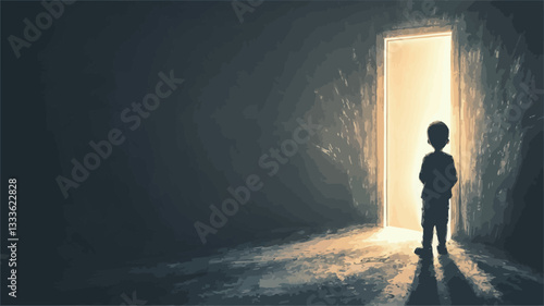 The image depicts a digital painting or illustration of a child's silhouette standing in a dimly lit room facing an open doorway emitting a bright light.  The child's figure is dark against the