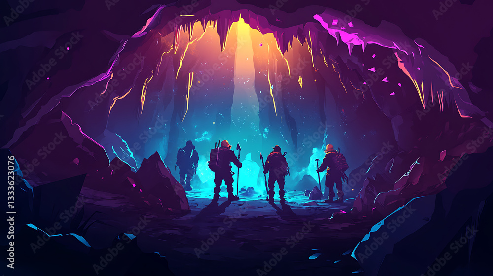 Fototapeta premium Adventurers exploring a mystical cave illuminated by vibrant colors and glowing crystals