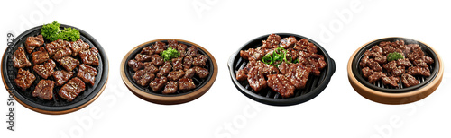 A 3D icon of a sizzling Korean BBQ grill with pieces of bulgogi beef, garnished with sesame seeds, on a transparant background.