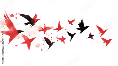 The image is an abstract watercolor painting depicting a flock of birds in flight. The birds are rendered in shades of red and black, with a minimalist style emphasizing movement and form.  The