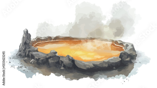 A digital painting depicting a small, oval-shaped pool filled with a bright yellow liquid.  The liquid appears to be steaming or emitting vapor. The pool is surrounded by dark grey and brown rocks,