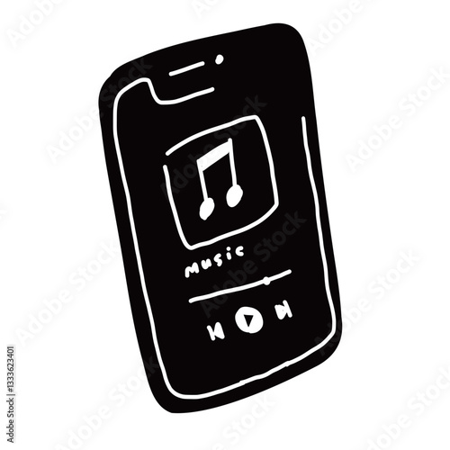 音楽を聴いている画面のスマートフォンの手書きベクターイラストアイコン