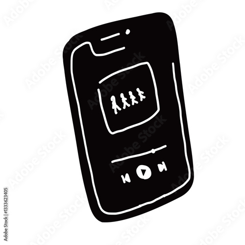 アーティストの音楽アルバムを聴いている画面のスマートフォンの手書きベクターイラストアイコン