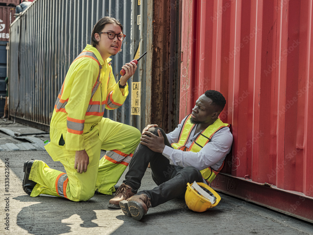 African-American male engineer injured in accident while working on unloading containers. Safety team helps him out of accident. First aid and safety training concept.