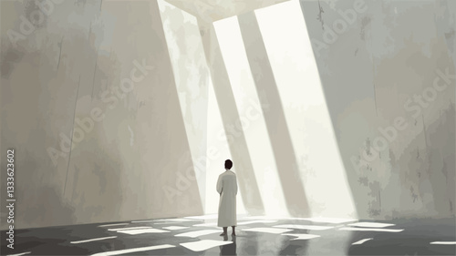 The image depicts a minimalist interior space featuring tall, narrow, light-colored walls that create a sense of depth and height.  Sunlight streams through vertical openings, casting strong,