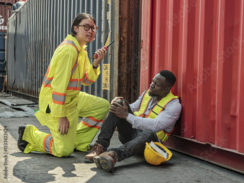 Obraz na płótnie African-American male engineer injured in accident while working on unloading containers. Safety team helps him out of accident. First aid and safety training concept. w salonie