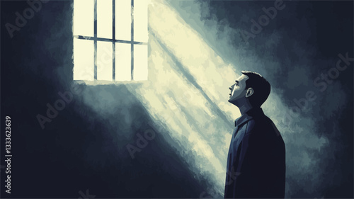 The image is a digital painting depicting a man standing in a dimly lit cell.  He is positioned in profile view, looking upward towards a barred window, from which a shaft of light illuminates the