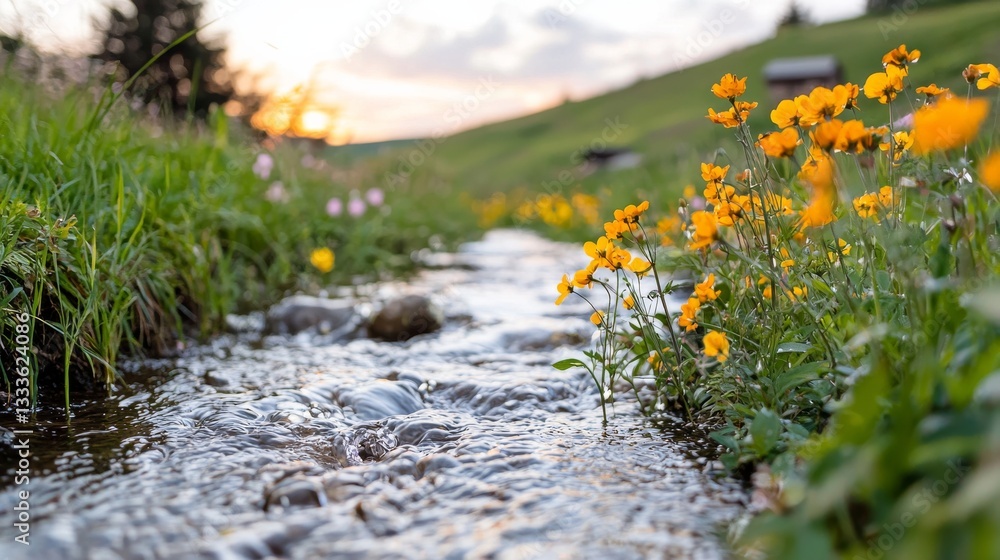 Obraz premium first day of spring awakening concept. A flowing stream surrounded by vibrant yellow flowers and lush green grass under a scenic sky.