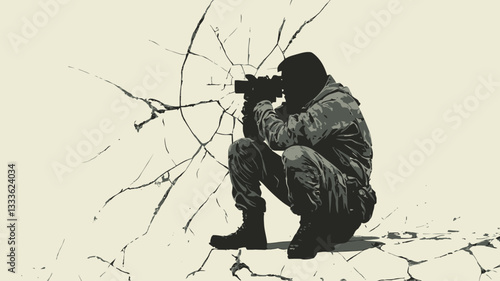 The image is a stylized grayscale illustration depicting a soldier crouching behind broken tree branches, seemingly in a war zone. The soldier is wearing camouflage clothing and is holding a camera