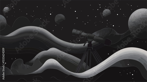 The image is a monochromatic, abstract depiction of a celestial scene.  The color palette is limited to shades of gray, creating a high-contrast, dramatic effect. The composition features stylized,