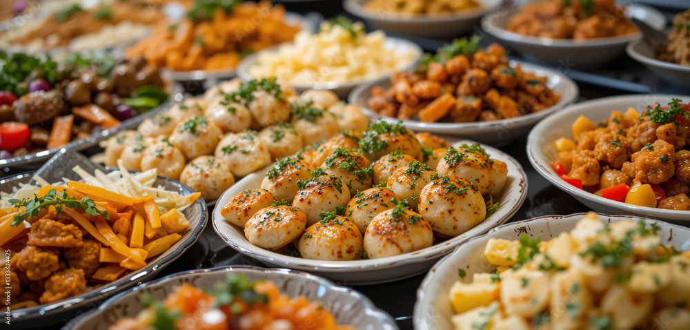 Assorted Traditional Dishes on a Feast Table Delicious Meat, Pasta, and Vegetables Garnished with Herbs in a Festive Setting Assorted Traditional Dishes on a Feast Table Delicious Meat, Pasta, and Vegetables Garnished with Herbs in a Festive Setting