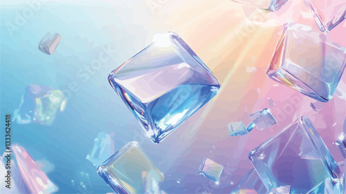 The image presents an abstract composition of numerous iridescent crystal fragments, appearing as if floating or falling against a soft, pastel background.  The crystals exhibit varying shades of