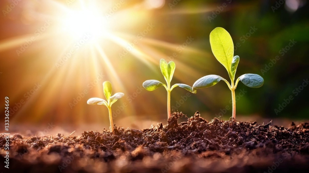 first day of spring awakening concept. New seedlings sprout from fertile soil, illuminated by warm sunlight, symbolizing growth and renewal in nature. first day of spring awakening concept. New seedlings sprout from fertile soil, illuminated by warm sunlight, symbolizing growth and renewal in nature.