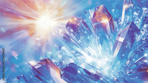 Close-up view of a digitally rendered cluster of crystals.  The crystals are predominantly blue and purple with hints of pink and orange, exhibiting a high degree of sparkle and iridescence.  The