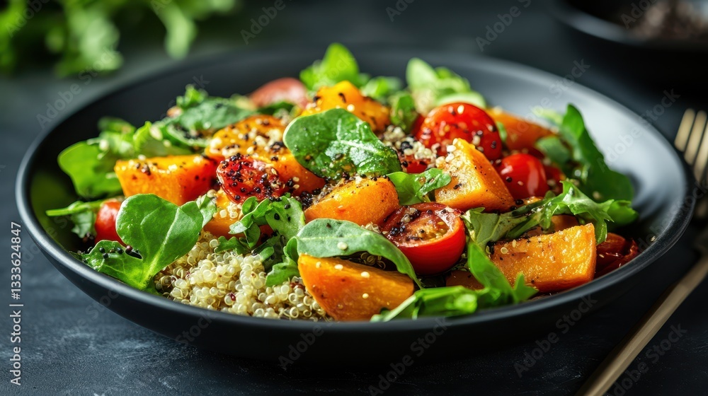 A vibrant vegetarian salad featuring roasted pumpkin, quinoa, and tomatoes, beautifully presented against a dark background. A vibrant vegetarian salad featuring roasted pumpkin, quinoa, and tomatoes, beautifully presented against a dark background.