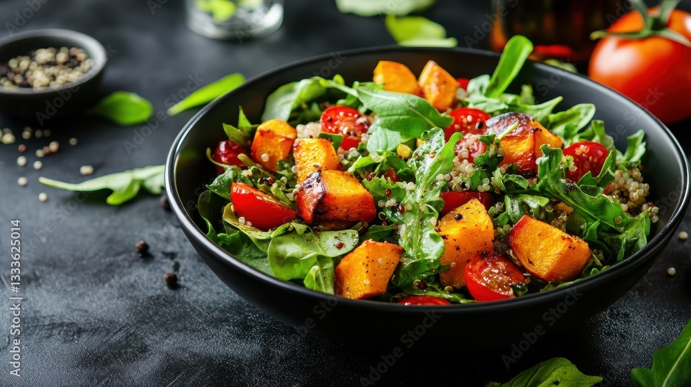 A vibrant vegetarian salad featuring roasted pumpkin, quinoa, and tomatoes, beautifully presented against a dark background. A vibrant vegetarian salad featuring roasted pumpkin, quinoa, and tomatoes, beautifully presented against a dark background.