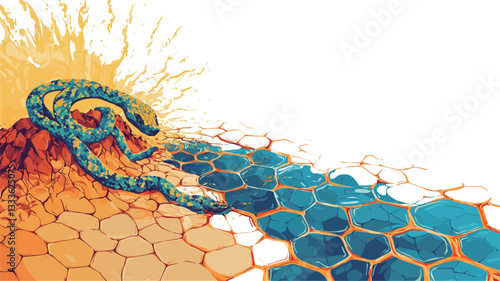 The image is a digital illustration featuring an abstract depiction of a reptile, possibly a snake, curving across a background composed of a contrasting honeycomb pattern.  The honeycomb pattern