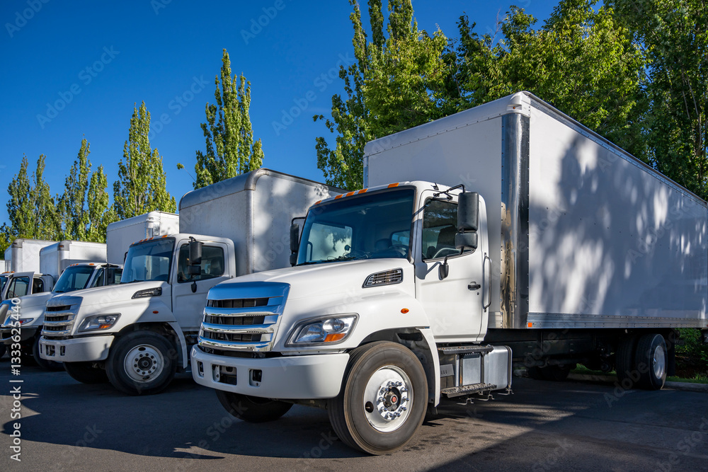Fototapeta premium Middle duty day cab rig semi trucks with box trailers standing in row on the warehouse industrial parking lot at sunny day