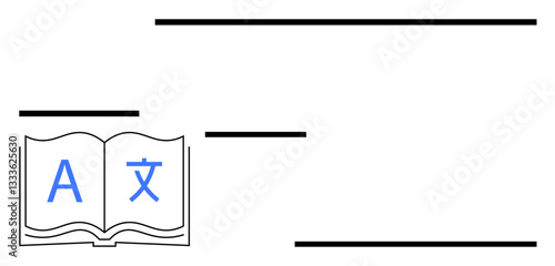 Open book featuring translation icons, surrounded by minimal text lines. Ideal for education, language, communication, research, literacy, online learning translation services. Flat simple metaphor