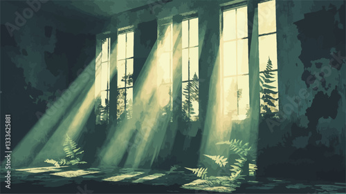 Digital painting depicting the interior of an abandoned room.  Three windows are visible, each draped with tattered curtains. Sunlight streams through the windows, creating strong diagonal light