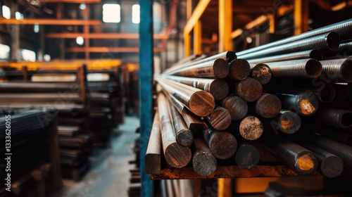 A warehouse filled with a large pile of metal iron rods, showcasing their rugged texture and industrial storage environment. photo
