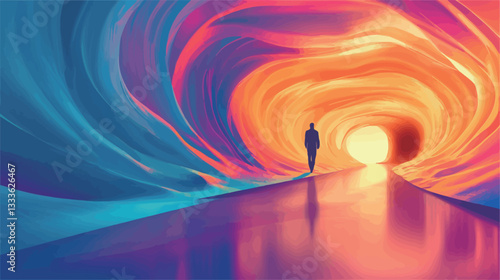 A digital illustration depicting a stylized tunnel or passageway with swirling, vibrant colors ranging from cool blues and purples to warm oranges and yellows. The tunnel is depicted with a smooth,