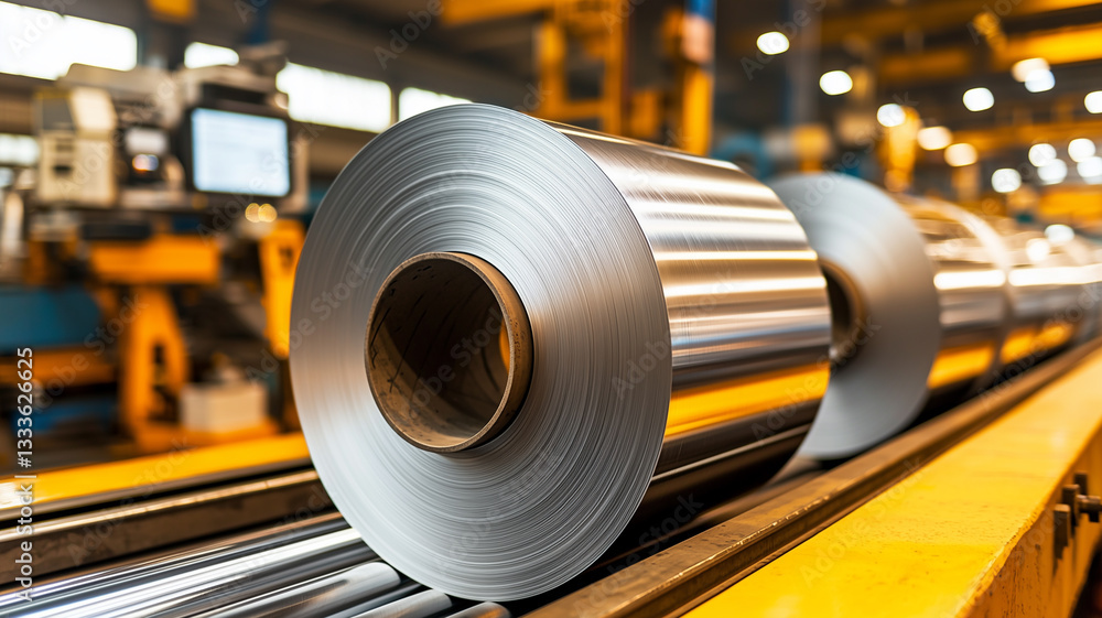 Fototapeta premium Aluminum Coils on Conveyor Belt in Factory 