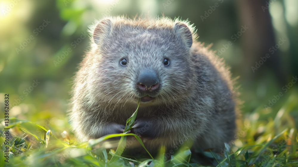 Young wombat nibbling on fresh green leaves
Young wombat nibbling on fresh green leaves