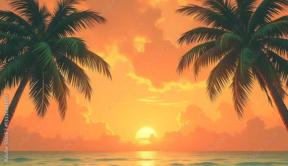 Obraz premium Warm Orange Hues and Elegant Coconut Trees' Vintage Charm.