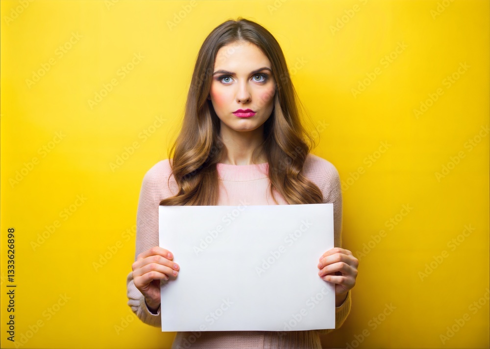 Woman Holding Blank Sign Against Bright Yellow Background Woman Holding Blank Sign Against Bright Yellow Background