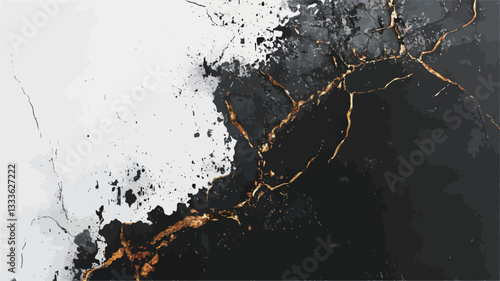 The image presents an abstract composition featuring a dynamic interplay of black, white, and gold.  The black and white areas appear to be created with a fluid, possibly paint-like medium,