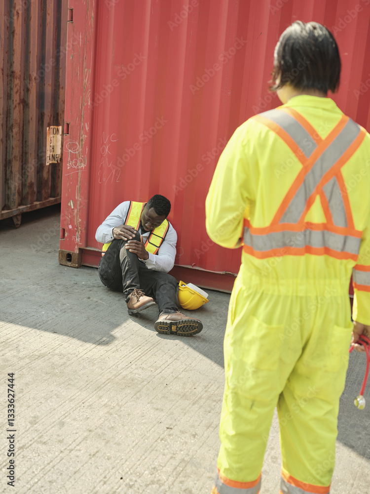 African-American male engineer injured in accident while working on unloading containers. Safety team helps him out of accident. First aid and safety training concept.