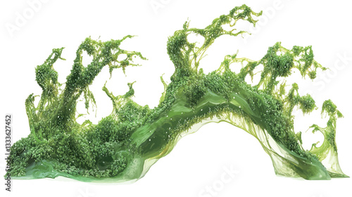 Close-up image of a vibrant green algae formation, exhibiting an abstract and organic shape. The algae appears to be flowing and dynamic, with varying textures and densities throughout its