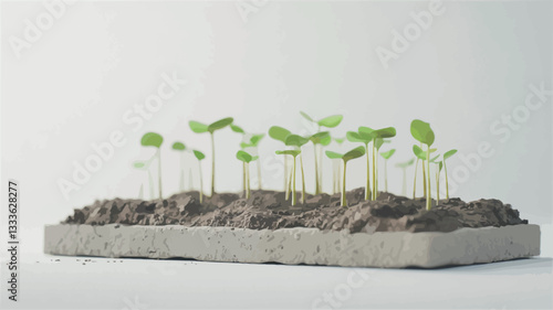 A close-up shot of several small seedlings emerging from dark brown soil within a rectangular, light gray concrete tray. The tray sits on a plain white background. The image is sharply focused,