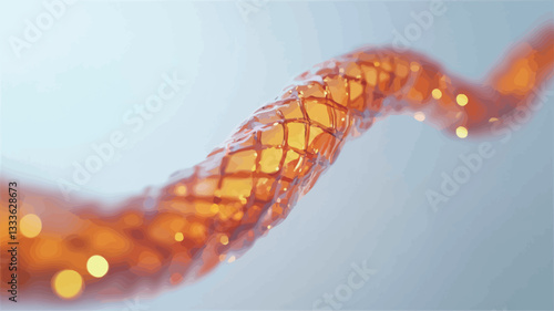 Close-up view of a digitally rendered abstract spiral structure. The structure is predominantly orange with a subtle gold sheen and glowing points of light along its length. It appears to be