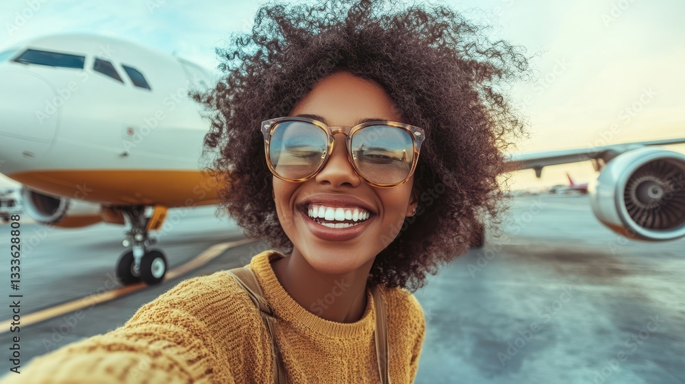 A woman smiles happily in front of a passenger plane at an airport, capturing a moment of travel excitement and adventure. A woman smiles happily in front of a passenger plane at an airport, capturing a moment of travel excitement and adventure.