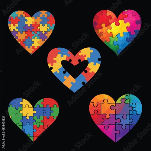 Autism Awareness Puzzle Piece Hearts – Support & Inclusion Graphic, Neurodiversity Love Design