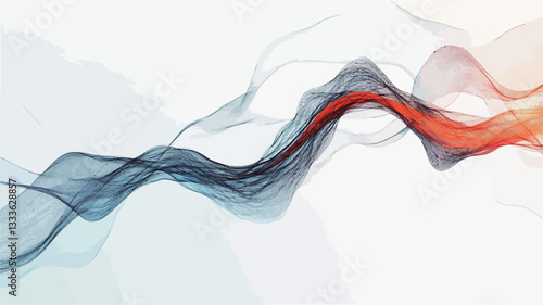 The image depicts an abstract composition of flowing, translucent lines in shades of blue, red, orange, and white against a white background. The lines are rendered with a soft, ethereal quality,