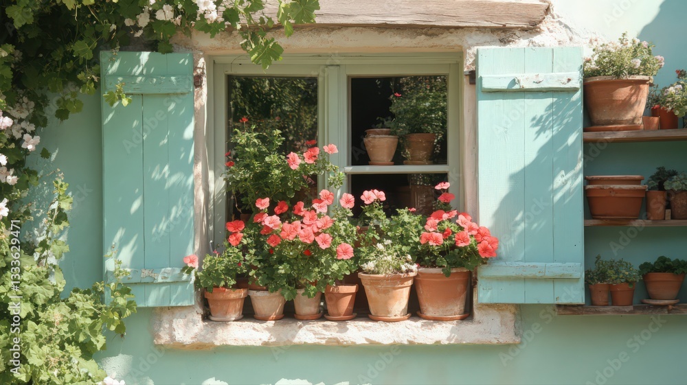 Naklejka premium Vibrant Coral Geraniums in Terracotta Pots on a Sunny Windowsill