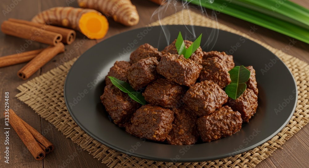 Dark Brown Beef Stew or rendang with Spices on a Black Plate for Dinner Menu Suggestion Dark Brown Beef Stew or rendang with Spices on a Black Plate for Dinner Menu Suggestion