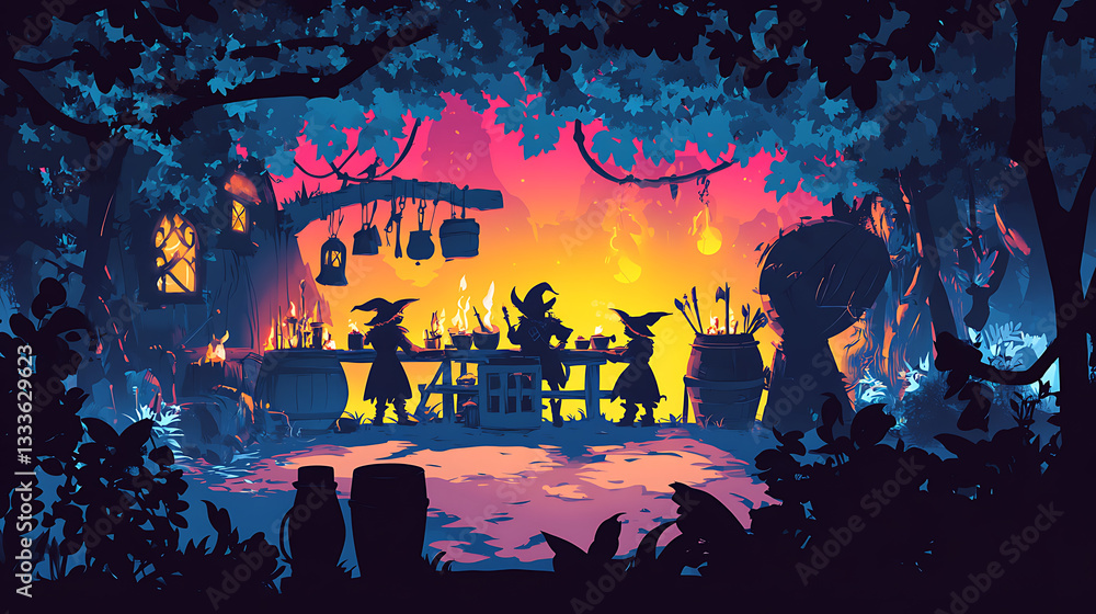 Enchanted forest scene with whimsical creatures cooking under a vibrant sunset, surrounded by nature Enchanted forest scene with whimsical creatures cooking under a vibrant sunset, surrounded by nature