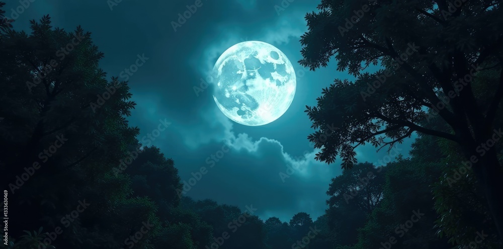 Naklejka premium Dense foliage obstructs the full moon above, casting eerie shadows, overcast, gloom, foliage