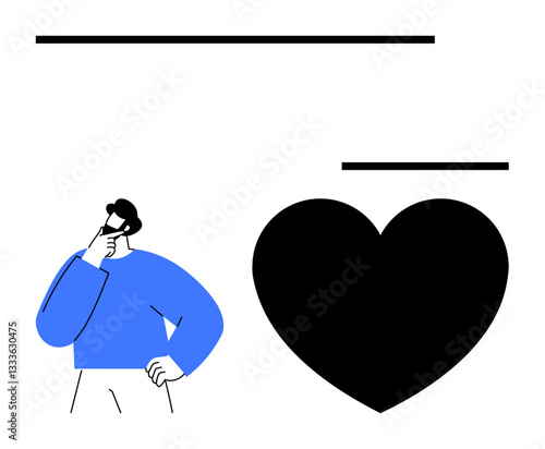 Person in blue contemplating beside a large black heart symbol. Lines create balance and structure. Ideal for love, self-reflection, decisions, emotions, relationships, mindfulness, flat simple