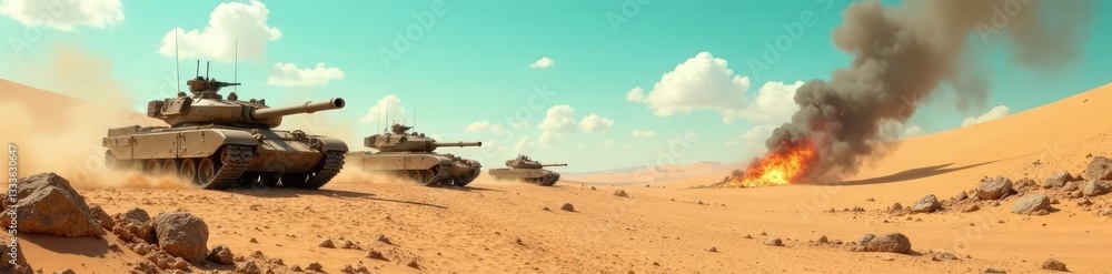 Desert landscape with destroyed tanks and smoldering remains, destruction, turquoise Desert landscape with destroyed tanks and smoldering remains, destruction, turquoise