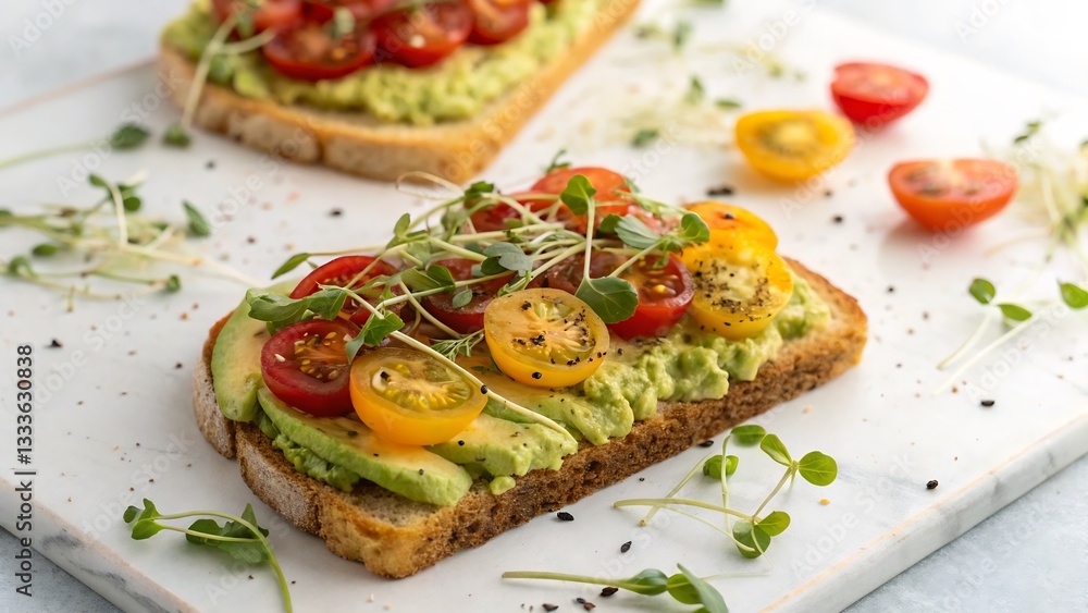 Avocado Toast with Cherry Tomatoes and Microgreens, Isolated on a White Background, Trendy Health Food Stock Image capturing modern, healthy eating trends. Avocado Toast with Cherry Tomatoes and Microgreens, Isolated on a White Background, Trendy Health Food Stock Image capturing modern, healthy eating trends.